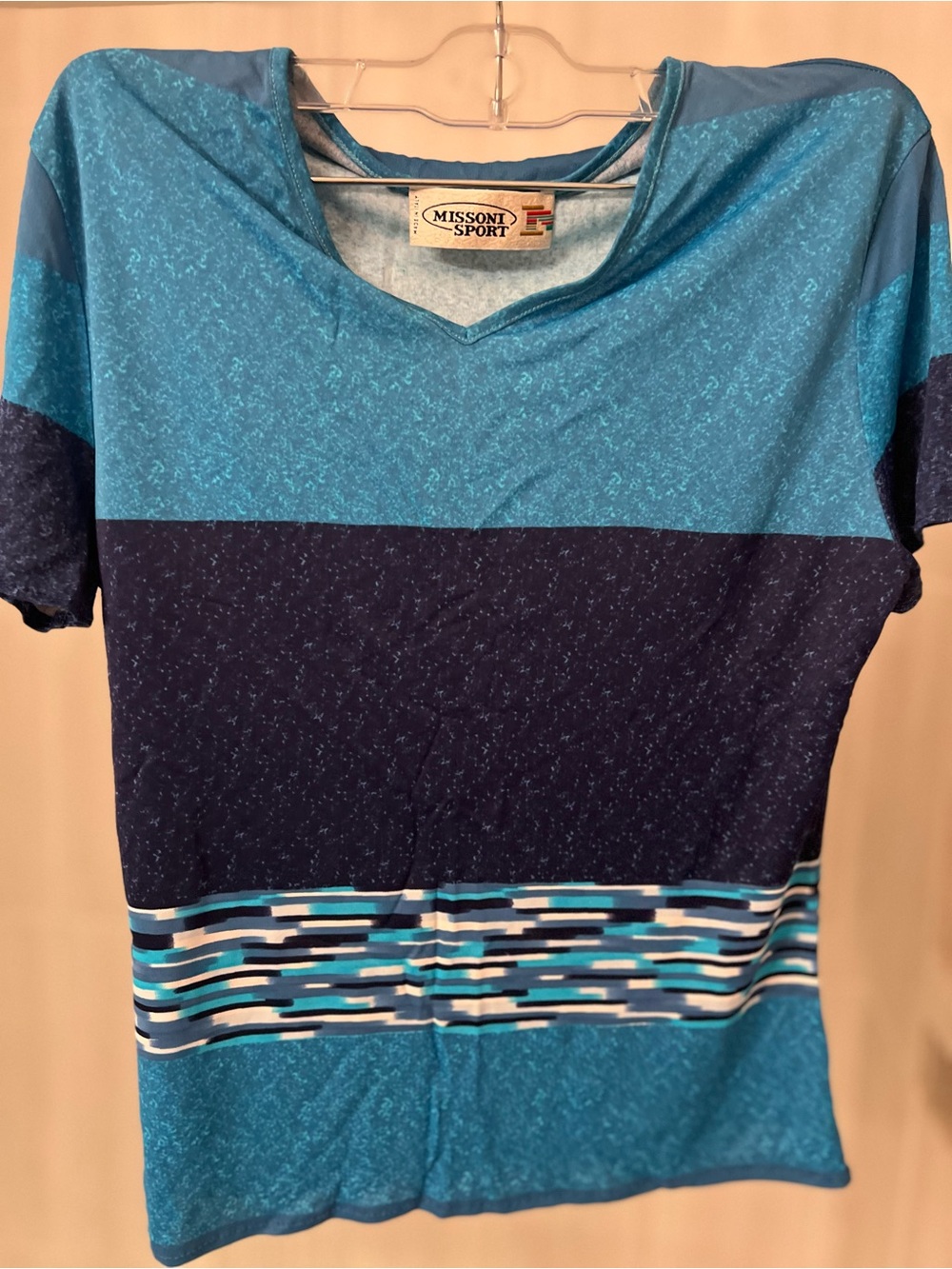 Vintage Missoni Sport Blue Striped Short Sleeve Top. Made in Italy.